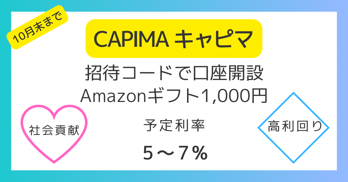 CAPIMA（キャピマ）口座開設でアマギフ1000円キャンペーン｜社会貢献と高利回りを実現